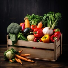 Fresh Vegetables in wooden box on wooden background. Generative AI.