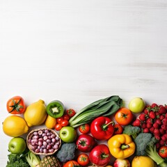 Healthy food background. Food photography different fruits and vegetables on white table. Generative AI.