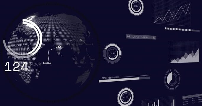 Animation of statistics and data processing over globe in background