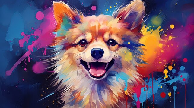 painting style illustration, happy baby dog with color splash, Generative Ai
