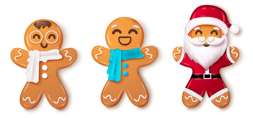 Christmas ginger bread vector set design. Ginger bread cookies, pastry, dessert and biscuit with scarf and santa claus decoration. Vector illustration christmas cookie collection. - obrazy, fototapety, plakaty