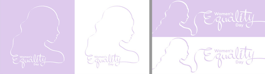 Women's Equality Day Greeting Card and Banner Set on blue and white background. Calligraphy and women's silhouette in brush. Celebrated on August 26.  Vector Illustration. EPS 10
