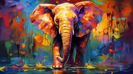 painting style illustration, happy baby elephant with color splash, Generative Ai