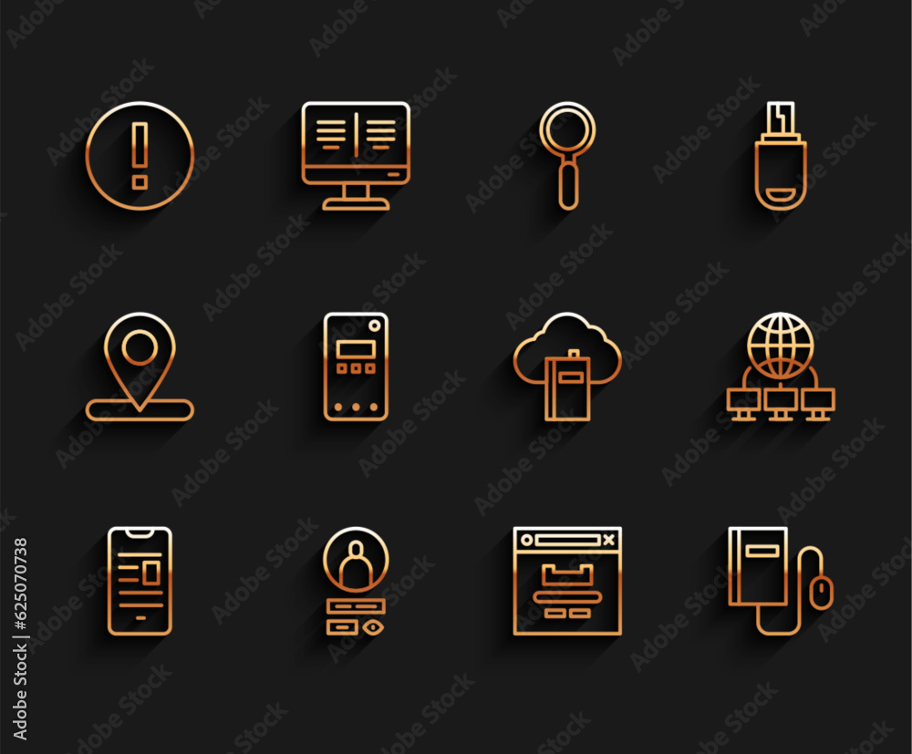 Wall mural Set line Online book on mobile, Create account screen, Information, Browser window, Electronic with mouse, Mobile phone, Computer network and Cloud online library icon. Vector