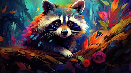 painting style illustration, happy baby raccoon with color splash, Generative Ai - obrazy, fototapety, plakaty