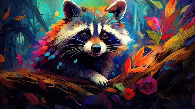 painting style illustration, happy baby raccoon with color splash, Generative Ai