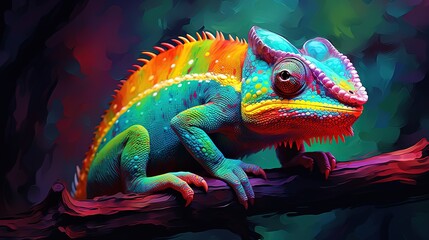  painting style illustration, happy cameleon with color splash, Generative Ai
