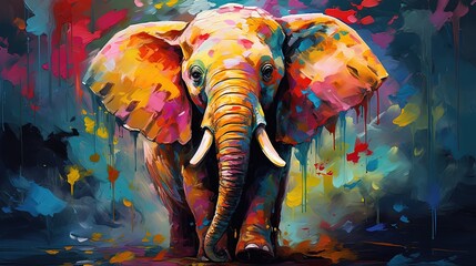 Obraz premium painting style illustration, happy baby elephant with color splash, Generative Ai