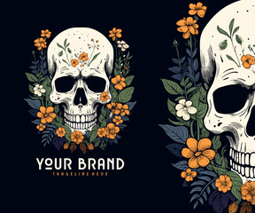 Hand drawn skull overgrown with flower plants