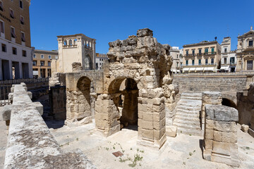 LECCE, ITALY, JULY 12, 2022 - The Roman amphitheater in the center city of Lecce, Puglia, Italy