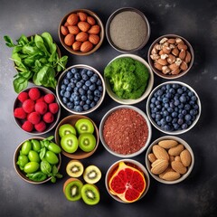 Fruit, vegetable, seeds, superfood, cereal, leaf vegetable on gray concrete background. Generative AI.