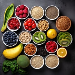 Fruit, vegetable, seeds, superfood, cereal, leaf vegetable on gray concrete background. Generative AI.