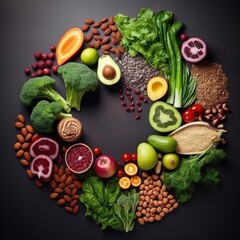 Fruit, vegetable, seeds, superfood, cereal, leaf vegetable on gray concrete background. Generative AI.