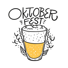 Oktoberfest holiday lettering phrase and beer glass in cartoon style