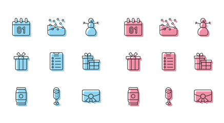 Set line Beer can, Glass of champagne, Calendar, Christmas postcard, New year goals list, Gift box, and Snowfall icon. Vector