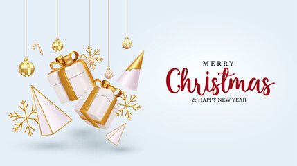 Merry christmas vector design. Christmas greeting card with gifts, pine tree, snowflakes and hanging balls in gold elegant color. Vector illustration holiday season background.