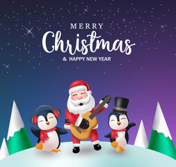 Merry christmas text vector design. Christmas santa claus and penguins characters holding guitar and singing in outdoor background. Vector illustration holiday season concept. 