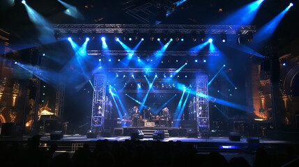 A Live stage production in an live venue. Stage rigging equipment, lighting, and PA systems - obrazy, fototapety, plakaty