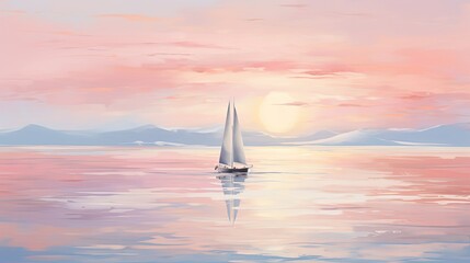 painting style illustration, sail boat with gradient pastel sky, Generative Ai