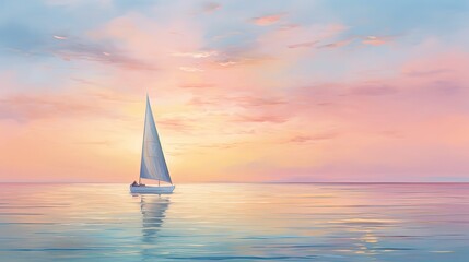 Fototapeta premium painting style illustration, sail boat with gradient pastel sky, Generative Ai
