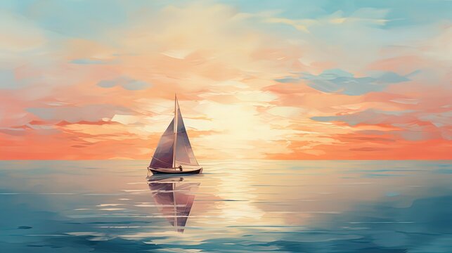 painting style illustration, sail boat with gradient pastel sky, Generative Ai
