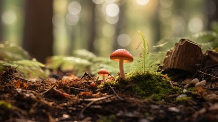 cute small mushroom grow from soil with forest background, Genearative Ai