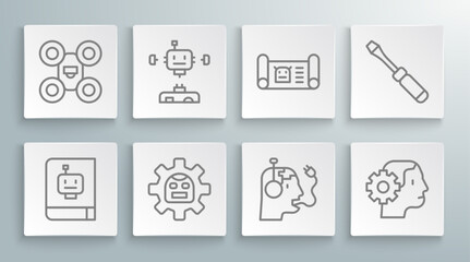 Set line User manual, Disassembled robot, Robot, charging battery, Humanoid, blueprint, Screwdriver and Drone icon. Vector