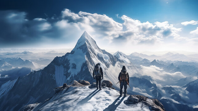 The top of the world. An adventure mountain climbers at the summit of a high altitude mountain. Beautiful blue earth atmosphere background and snowy mountains p2