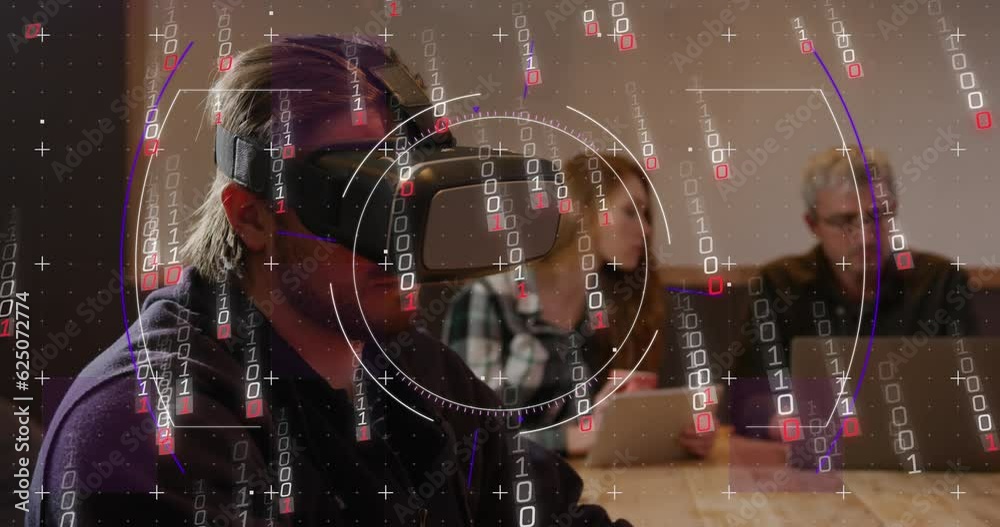 Poster animation of binary coding data processing over diverse business people in office