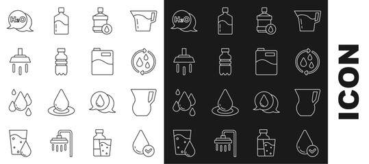 Set line Water drop, Jug glass with water, Recycle clean aqua, Big bottle, Bottle of, Shower, Chemical formula for H2O and icon. Vector