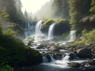 Beautiful waterfall in the spring forest . AI Generated.