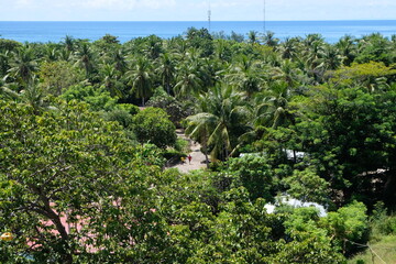 Fototapeta na wymiar Aerial view of the remote tropical island of Atauro in East Timor with lush, green looking landscape and a glimpse of the ocean