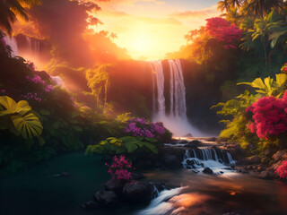 Fototapeta na wymiar Beautiful waterfall in the tropical forest with sunlight and blurred background. AI Generated.