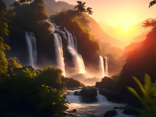 Beautiful waterfall in the tropical forest with sunlight and blurred background. AI Generated.