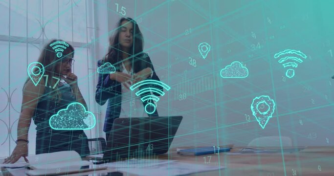 Animation of data processing with wifi and cloud icons over diverse business people in office - Powered by Adobe