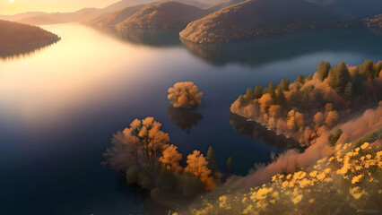 Beautiful top view of autumn landscape forest and lake. AI Generated.