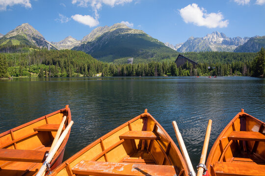 Rowing boats at Strbske Pleso Lake in the National Park High Tatras, Slovakia
