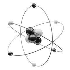 Scientific 3D model of an atom with nucleus, electrons, protons and neutrons orbiting in a circular path, isolated on transparent or white background