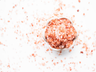 Pink Himalayan Salt Spa Bath, Raw Food Natural Cooking in Kitchen, Rock Mineral Himalaya Sea therapy, Rock Crystals Salty Mountain Healthy Therapy Ingredient Cuisine Condiment. Top view and Free Space