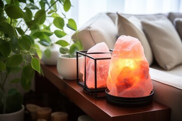 Himalayan Salt Lamp in a Cozy Minimalist style room. Himalayan Salt Lamp. Himalayan Salt. Lamp. Made With Generative AI. - obrazy, fototapety, plakaty