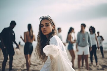 Obraz premium Young volunteers cleaning a beach from waste.. AI generative. AI generative