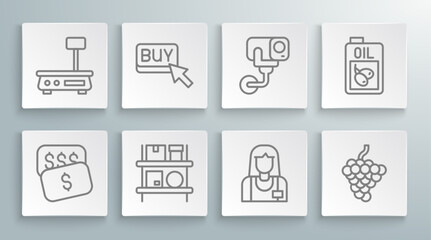 Set line New price tag dollar, Buy button, Warehouse interior with boxes, Seller, Grape fruit, Security camera, Bottle of olive oil and Electronic scales icon. Vector
