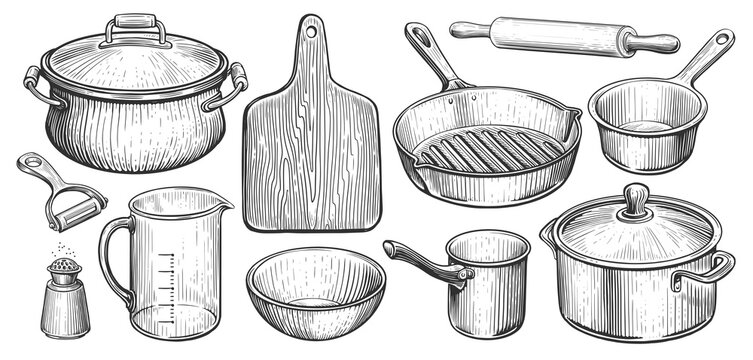 Kitchen utensils set in vintage engraving style. Cooking concept. Sketch illustration