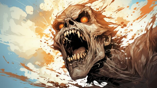 Mad crazy rotting undead zombie male filled with unstoppable explosive blood rage, terrifyingly evil face with sharp teeth and scary eyes - generative AI