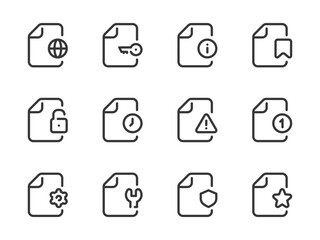 Document Functions and File Management vector line icons. Data settings and File Configurations outline icon set. Password, Login, Time, Alert, Notification, Bookmark, Information and more.