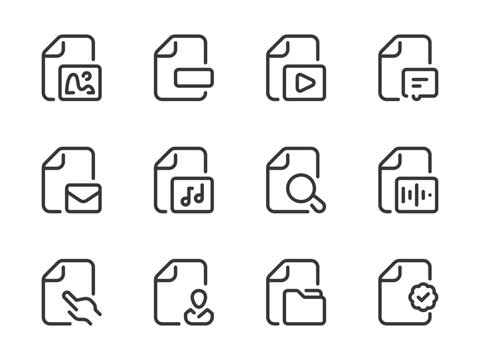 Document Type and File Format vector line icons. Library Settings and Catalog Configurations outline icon set. Image, Video, Mail, Profile, Folder, Audio, Message, Search and more.