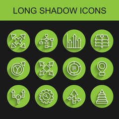 Set line Arrow, Wrench and gear, Many ways directional arrow, Pyramid chart infographics, Location and Pie icon. Vector