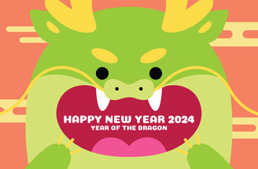 Cute chinese dragon head with mouth open vector card. Year of the dragon 2024, closeup on chinese dragon mouth, lunar new year greetings cardvector with oriental style auspicious clouds.
