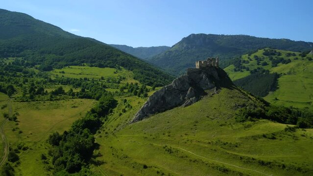 Coltesti Medieval Fortress, Apuseni Mountains, Romania. Drone footage. 