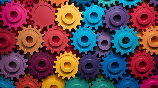 Concept of diverse teamwork. System of colorful sync gears, the harmonious and efficient interplay of different skills, experiences, and perspectives within a diverse and inclusive team. Generative AI